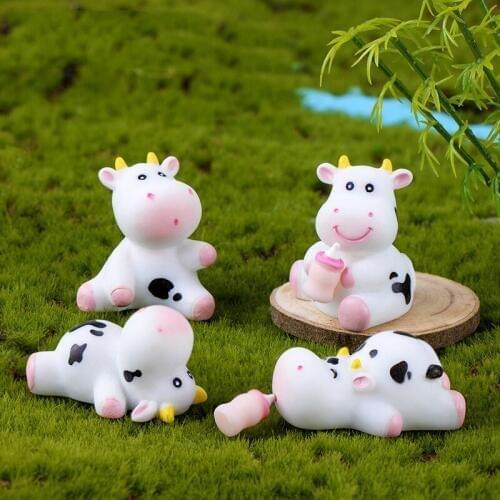 8PCS Animal Model Fairy Garden Micro Landscape Handicraft Little Statue Bonsai Ornament Cow Figurines Miniature Dairy Cattle