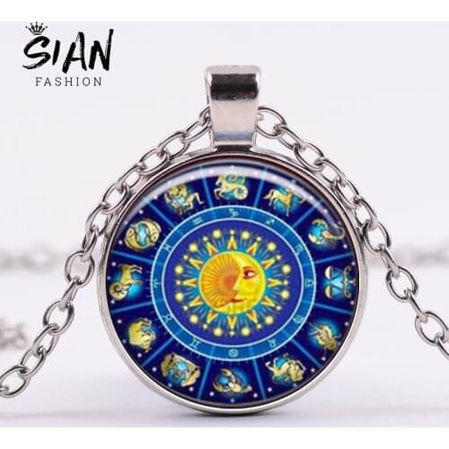 SIAN Mysterious 12 Constellations Witchcraft Necklace Astrological Zodiac Wicca Art Photo Handmade Glass Cabochon Round Pendant