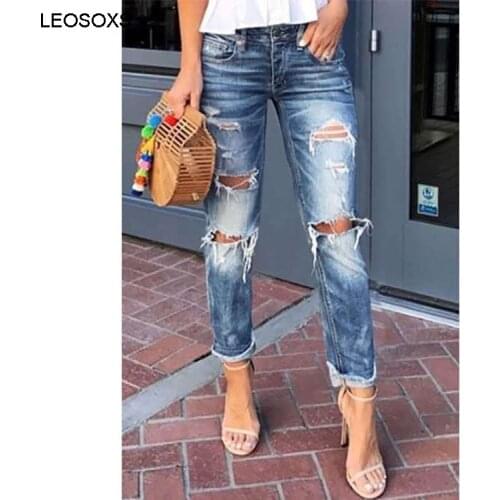 Denim Trousers Washed Ripped Hole Loose Straight Leg Mid-Rise Jeans Women Fashion Elegant Trousers With Small Feet