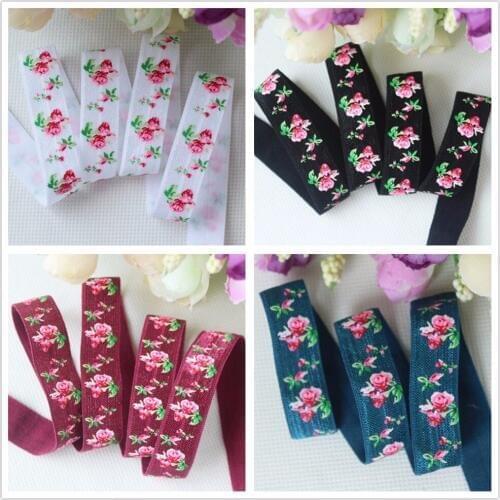 12 colors 5/8 inch Valentine foe sexy rose flower ink printed fold over elastic ribbon for hair accessory,50 yards per lot