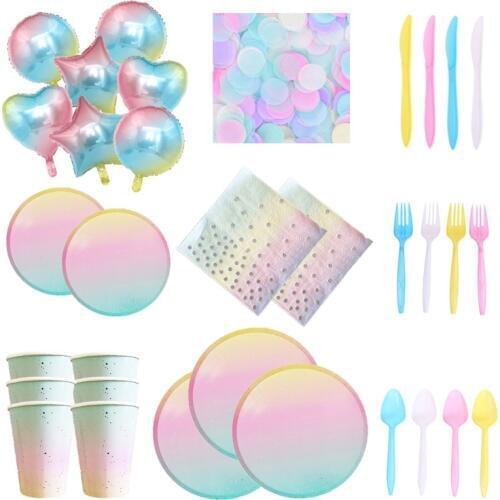 Gradient Rainbow Wedding Tableware Unicorn Plate Disposable Party Paper Tableware Unicorn Birthday Party Tableware Balloons