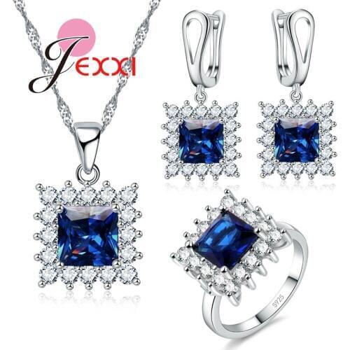 Square Crystal 925 Sterling Silver CZ Crystal Drop Earrings Necklace Ring For Women Wedding Bridal Jewellery Set Accessory
