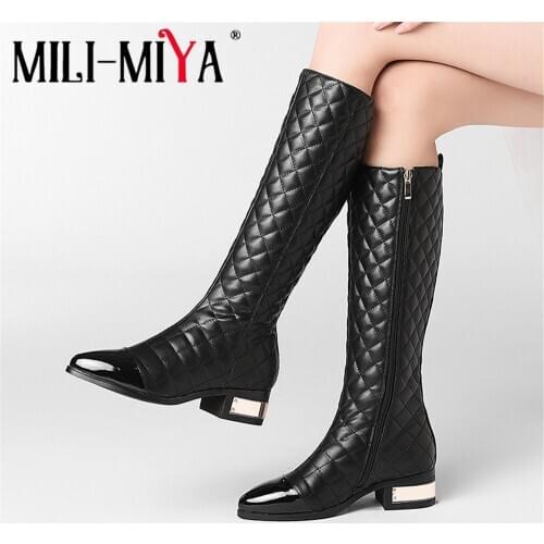 MILI-MIYA Good Quality Genuine Leather Knee High Boots Women Casual Thick Heel Zipper Female Warm Autumn Winter Ladies Shoes