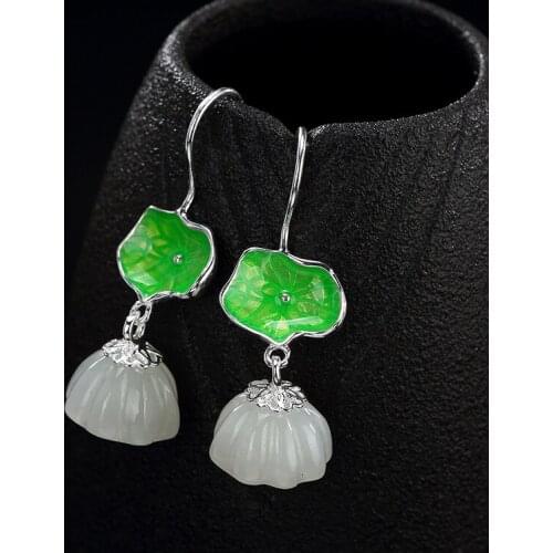 New Fashion silver S925 pure silver natural Hetian jade white lotus mosaic mosaic Cloisonne earrings wholesale Earrings