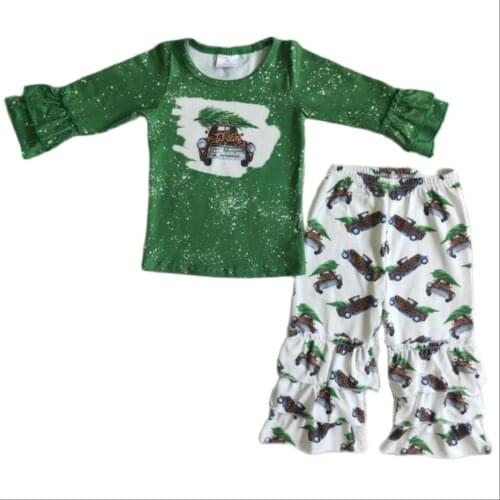 Christmas Trees print Outfits Baby Girls Long sleeves Top bell bottom Ruffled pants Children Clothing Kids Boutique Green Sets