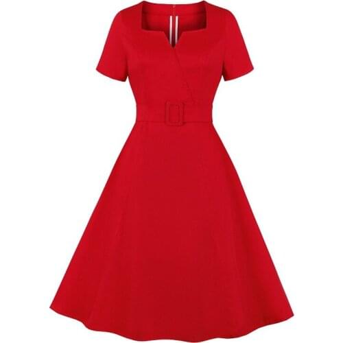 New Women Casual Dresses 2021 Vintage Fashion Bing Size Short Sleeve Red A-Line V-Neck Summer Dress X03 S-4XL