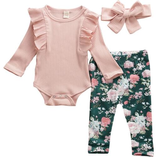 Spring Autumn Baby Clothing Baby Girls Long Sleeve Ruffled Romper Girl Floral Leggings Newborn Headband Infant Ribbed Outfits