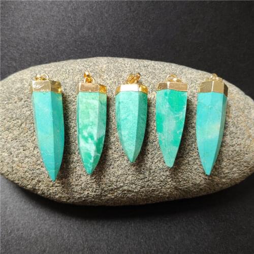 FUWO Faceted Turquoises Spike Pendant Wholesale 24K Gold Electroplated 6 Sided Green Howlite Pendulum Jewelry PD091