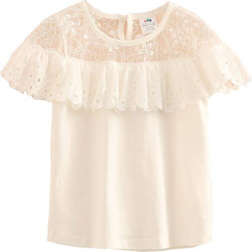 2-9 Years Girls T-shirts Fashion Korean Lace Stitching Ruffle Short Sleeves Tops for Girls Big Kids Clothing School Baby Tees
