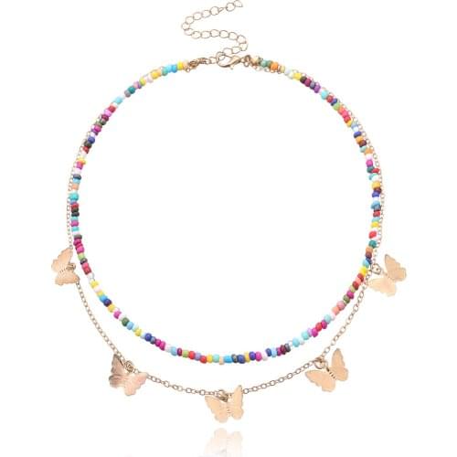 Trendy New Colorful Seed Beads Butterfly Necklace Pendant Women Fashion Double Layer Exquisite Chain Choker Necklaces Jewelry