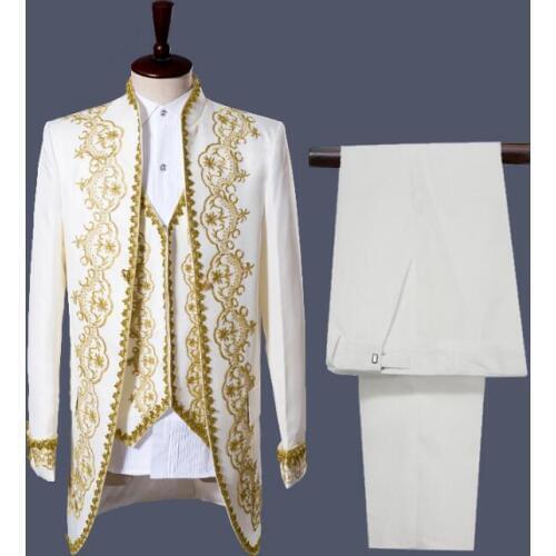 Singer stage european-style gold-plated clothing for men suit set with pants mens wedding suits palace groom formal dress white