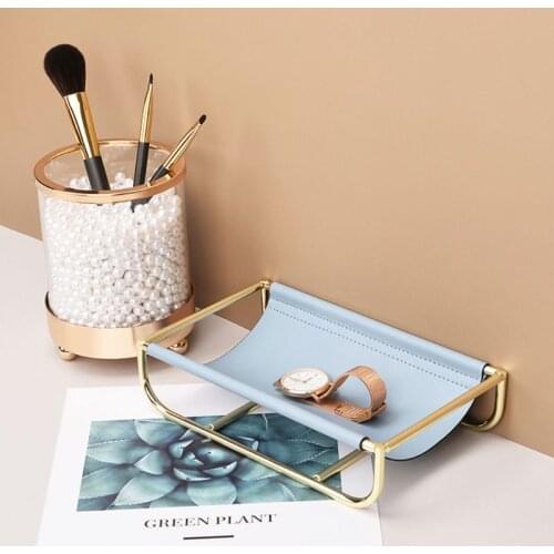 Nordic Style Iron Leather Storage Tray for Jewelry Phone Key Coin Desktop Rack Living Room Bedroom Decor QX2E