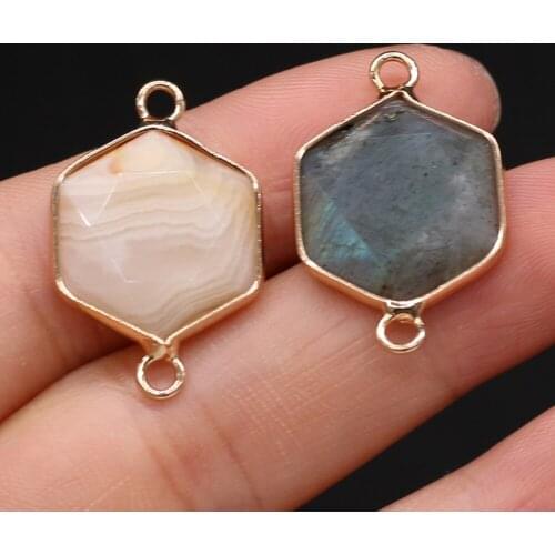 Natural Semi-precious Stone Hexagon Connector Pendant Yellow Agate Flash Labradorite 16x40mm for Jewelry Making Necklaces Gift