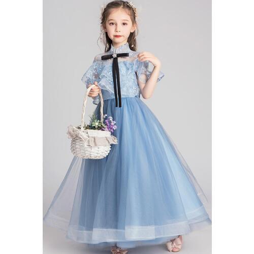 Blue Tulle Girl Princess Formal Dress Beads Bow Lace Evening Prom Party Pageant Wedding Gown First Communion Flower Girl Dress
