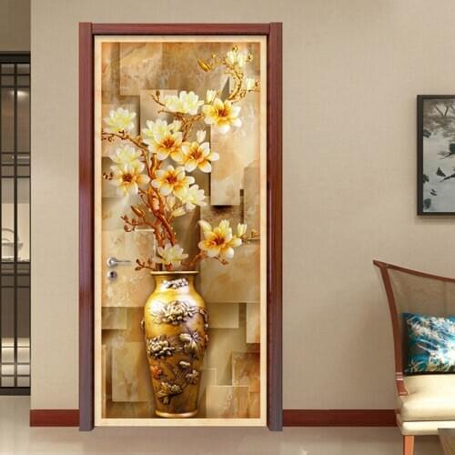 PVC Self-Adhesive Waterproof Door Sticker Chinese Style 3D Embossed Vase Flowers Mural Wallpaper Living Room Study 3D Home Decor