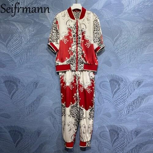 Seifrmann New 2021 Summer Women Fashion Designer Pants Set Lantern Sleeve Loose Tops + High Waist Print Lantern Long Pants Suits