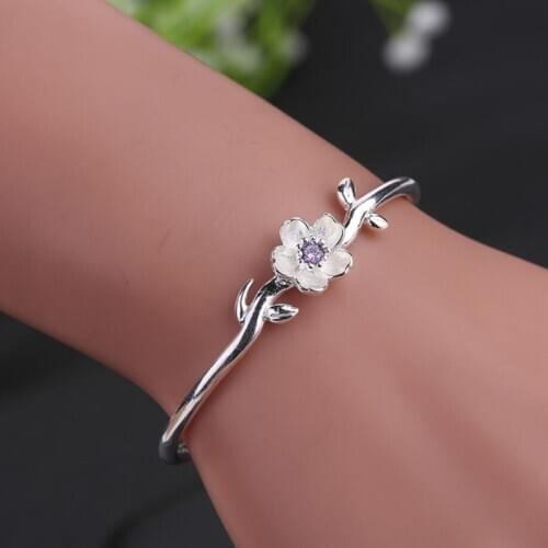 Zircon Literary Flower Cherry Blossoms 925 Sterling Silver Temperament Female Trendy Resizable Opening Bangles SBR014