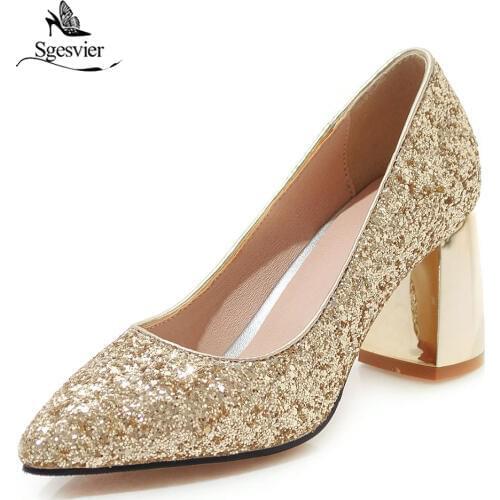 SGESVIER Women Shoes 2019 Pumps Spring Fashion Sequins Thick High Heels Shoes Female Pointed Toe Shoes Big Size 33-48 G219