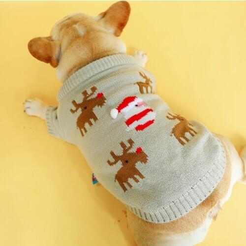 Christmas Deer French Bulldog Terrier Coat Sweater Gray Cotton Knit Winter Autumn Pet Outfit Cat S M XL XL For Fat Poodle Cloth