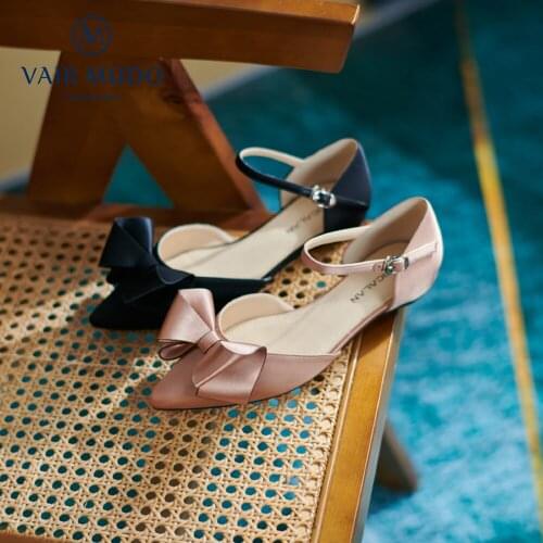 VAIR MUDO Women Pumps Shoes Mary Janes Silk Pointed Toe Butterfly-Knot Genuine Leather Fashion Solid Black Pink Low Heels D71L