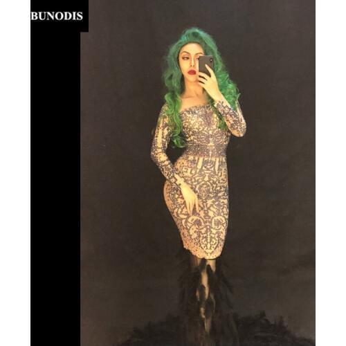 ZD356 Women Sexy Black Feather Long Slirt Sparkling Crystals Nightclub Party Stage Wear Dancer Singer Show Time Bling Costumes