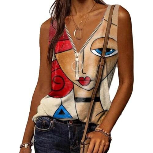 2021 Summer Tank Tops Women Cartoons Abstract Face Print Sleeveless T-shirt Casual Loose Zipper V-neck Vest Harajuku Tee Shirts