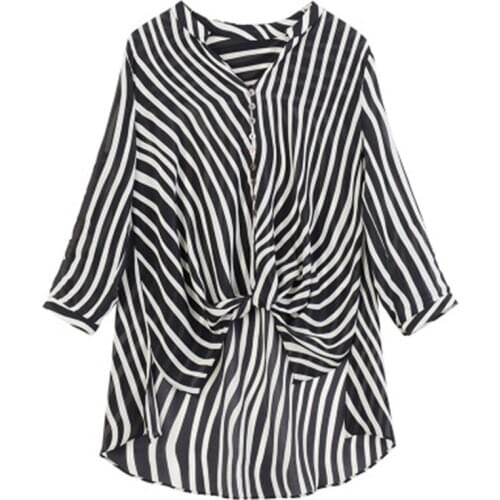 Spring And Autumn New Chiffon Shirt Large Size V-neck Casual striped Shirt Coat Fashion Wild Womens Clothing