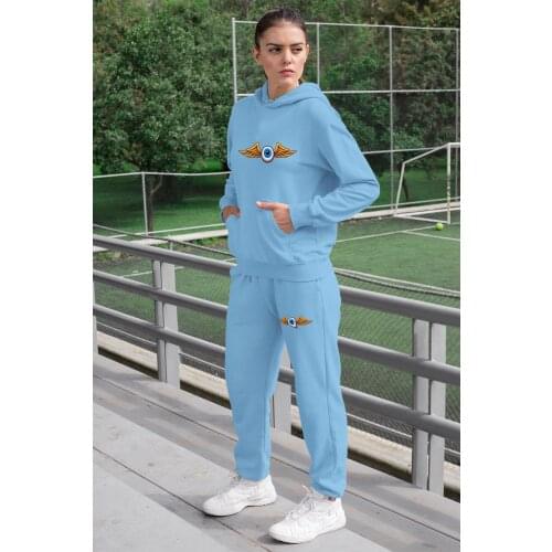 Angemiel Wear Kantalı Eye Women Tracksuit Set Blue Hooded Sweatshirt Blue Sweatpants