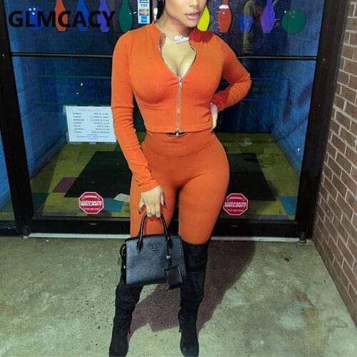 Women Two Piece Casual Tracksuit Solid Zip Up Top & Slim Pants Set