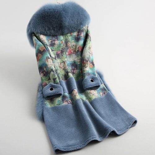 Sheep Shearling Real Fur Coat Winter Jacket Women Real Fox Fur Collar Wool Coats Print Suede Lining Manteau Femme MY4202