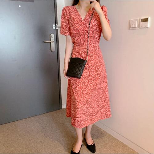 Ladies V Neck A-Line Vestidos Robe Femme Vintage Red Slim Korean Women Summer Long Red Floral Ruffle Dress