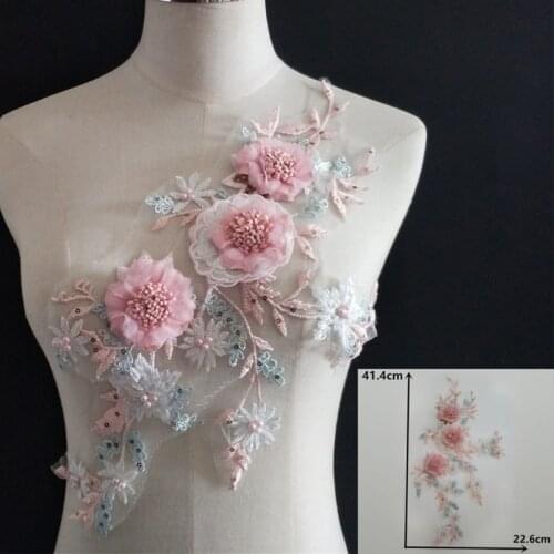 066F 1 Pair Pearl 3D Flowers Lace Trim Embroidered Applique Neckline Wedding Dress Sewing Craft Decoration for Womens