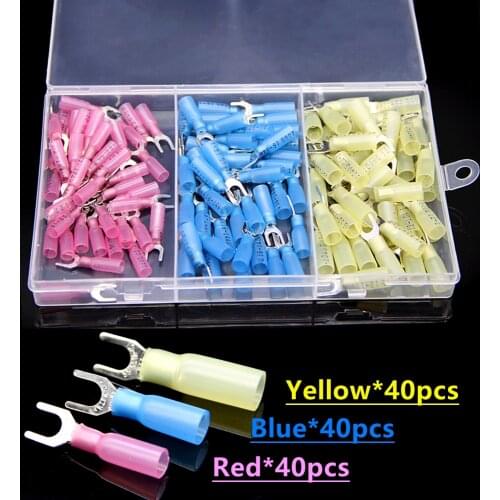 120PCS Heat Shrink Spade Fork Wire Connector Seal U Shaped Electrical Crimp Terminal 22-10 AWG Mixed Kit