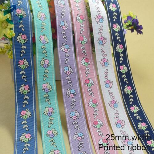 5yards,25mm flower printed ribbons Polyester Grosgrain ribbon, lace satin ribbons DIY hairbow accessories, gift package #3777