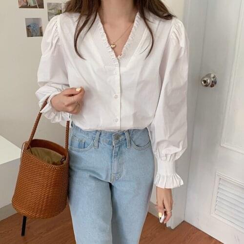 Vintage Puff Sleeve Buttoned Up Shirts Spring Fall Prom Blouse Korean Sweet Tops Blouse Female Plus Size Office Lady Blue Blouse