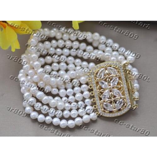 Z11171 7Row 8" 7mm White Freshwater Pearl Bracelet Luxury CZ Clasp Women Fine Jewelry