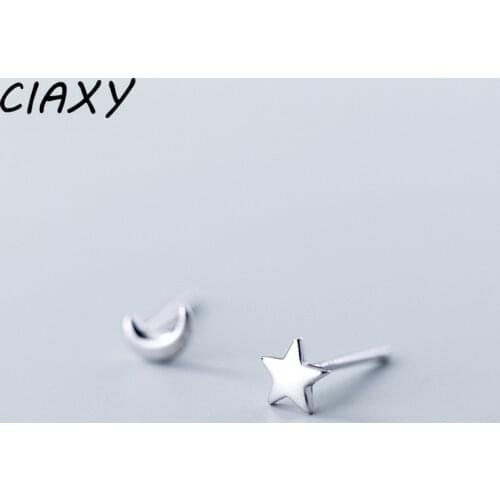 CIAXY 925 Sterling Silver Asymmetrical Star Moon Stud Earrings for Women Mini Ear Bone Nails Earring Simple Ear Jewelry Gift