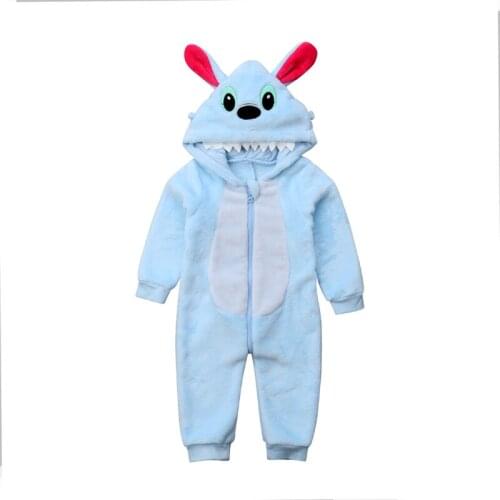 FOCUSNORM Kid Baby Boys Romper Print Cartoon Stitch Flannel Zipper Warm Hooded Romper Jumpsuit Outfits