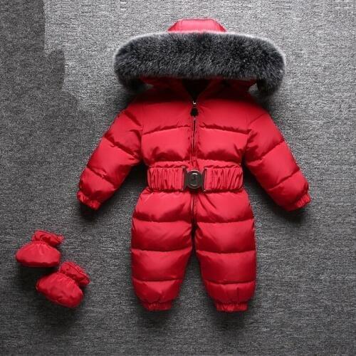 2018 Winter Warm Baby Rompers Jumpsuit Baby Onesie Children Duck Down Overalls Toddler Kids Boys Girls Fur Hooded Romper Clothes