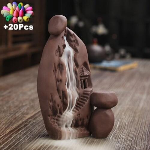 Purple Clay Desktop Rockery Landscape Zen Meditation Peaceful Decoration Waterfall Backflow Incense Burner +Gift 20Pcs Incense