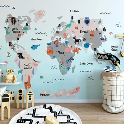 Custom Photo 3D Hand Painted Cartoon Animal World Map Papier Peint Children Kids Room Bedroom Wall Decoration Mural Wallpaper