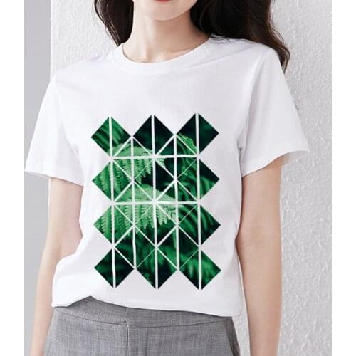 New Womens T-shirt Basic Casual Slim Simple Style Top Design Green Geometric Pattern Printing Round Neck Short-sleeved Soft Top