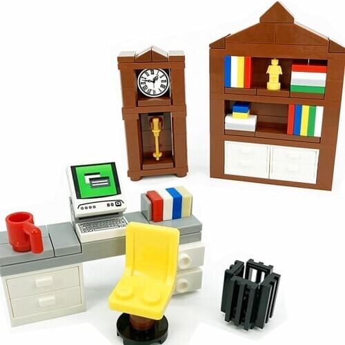 MOC Friends City Computer Desk Clock Building Blocks for Kids Toys Compatible Bookcase Assemble Bricks Creator Furniture DIY Toy