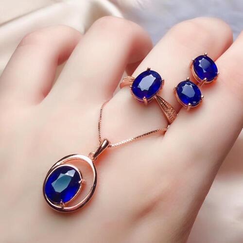 Best Gift Natural Real Sapphire jewelry set Natural Real Sapphire 925 sterling silver 1pc pendant,1pc ring,2pcs Earring