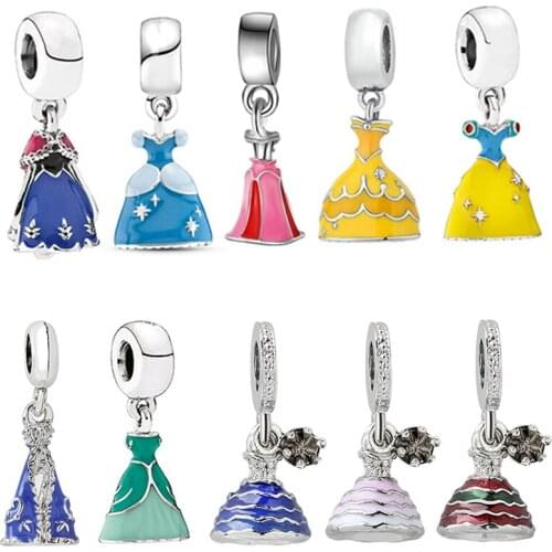 Cute Disny Anime Princess Dress Pendant Fit Original Pandora Charms Bracelet Women Cartoon Colors Skirt Beads for Jewelry Making