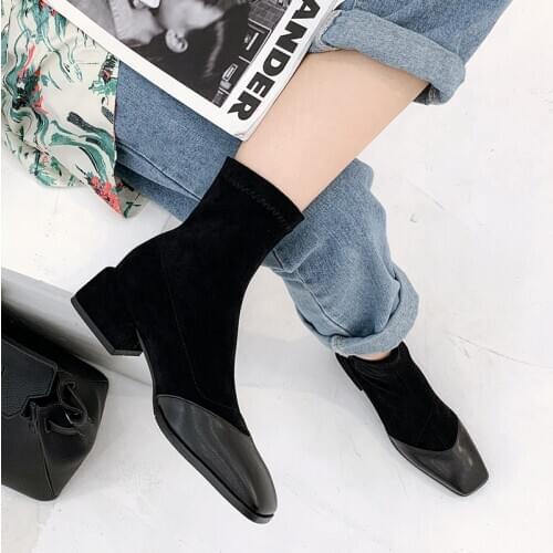 Fashion Square Toe Ankle Boots Autumn Winter Women Boots Comfortable Low Heel Ladies Shoes Elastic boots Black Beige 34-43
