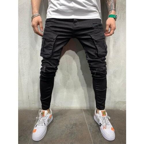 Men Multi-pocket Skinny Jeans Slim Elasticity Trousers Black Overalls street Locomotive Denim Pants Pencil Jeans Pants Male