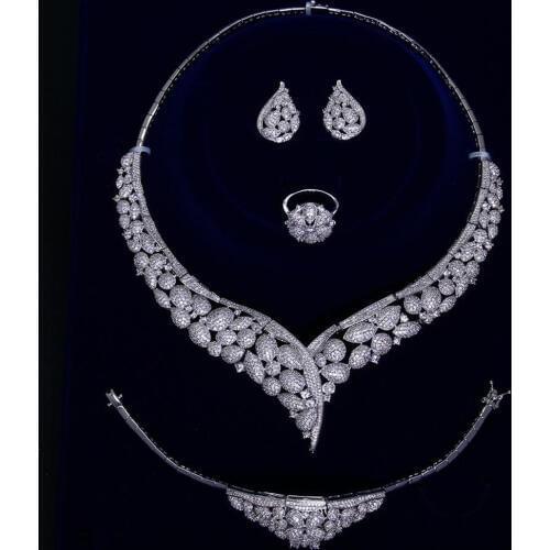 Luxury big 4pcs jewelry set for party Necklace+Earrings+Bracelet+Ring crystal White/ Gold-color Large expensive jewelry sets