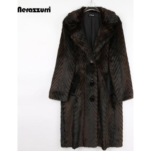 Nerazzurri Winter Clothes Women Lapel Long Oversized Fluffy Faux Mink Fur Trench Coat for Women Single Breasted Korean Fashion