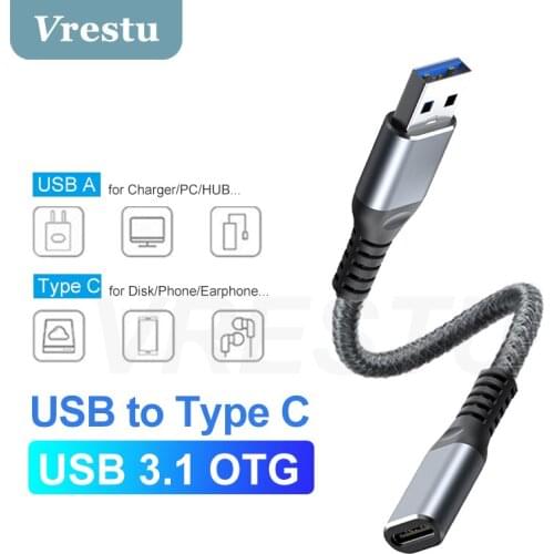 USB3.0 to USB Type C 3.1 Adapter Mini Hi-Speed Typec Female to USB Type A Male Fast Charge Data Sync OTG Braided Cable Converter